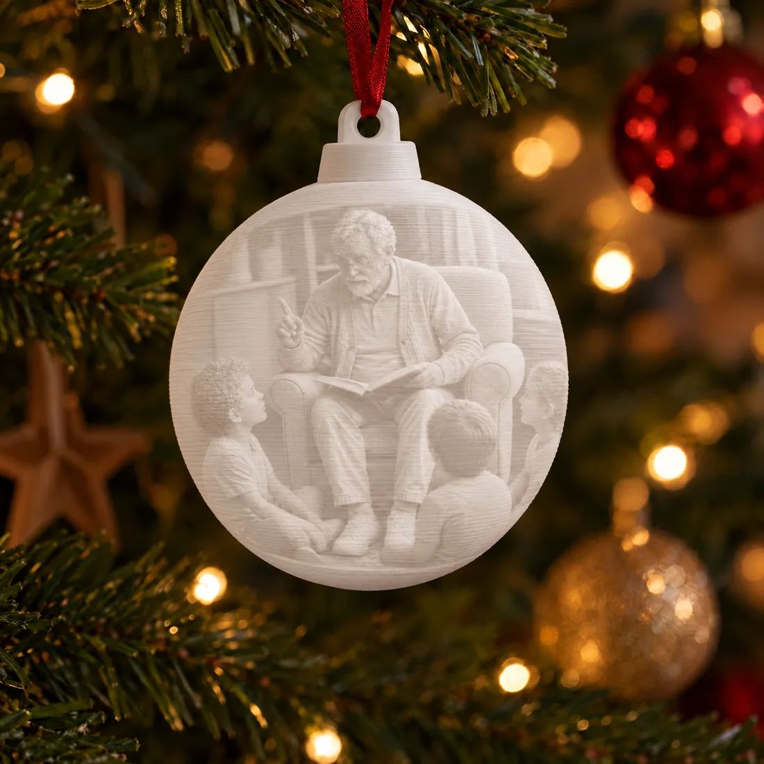 Boule de Noël photo éteinte : un relief blanc dans le sapin